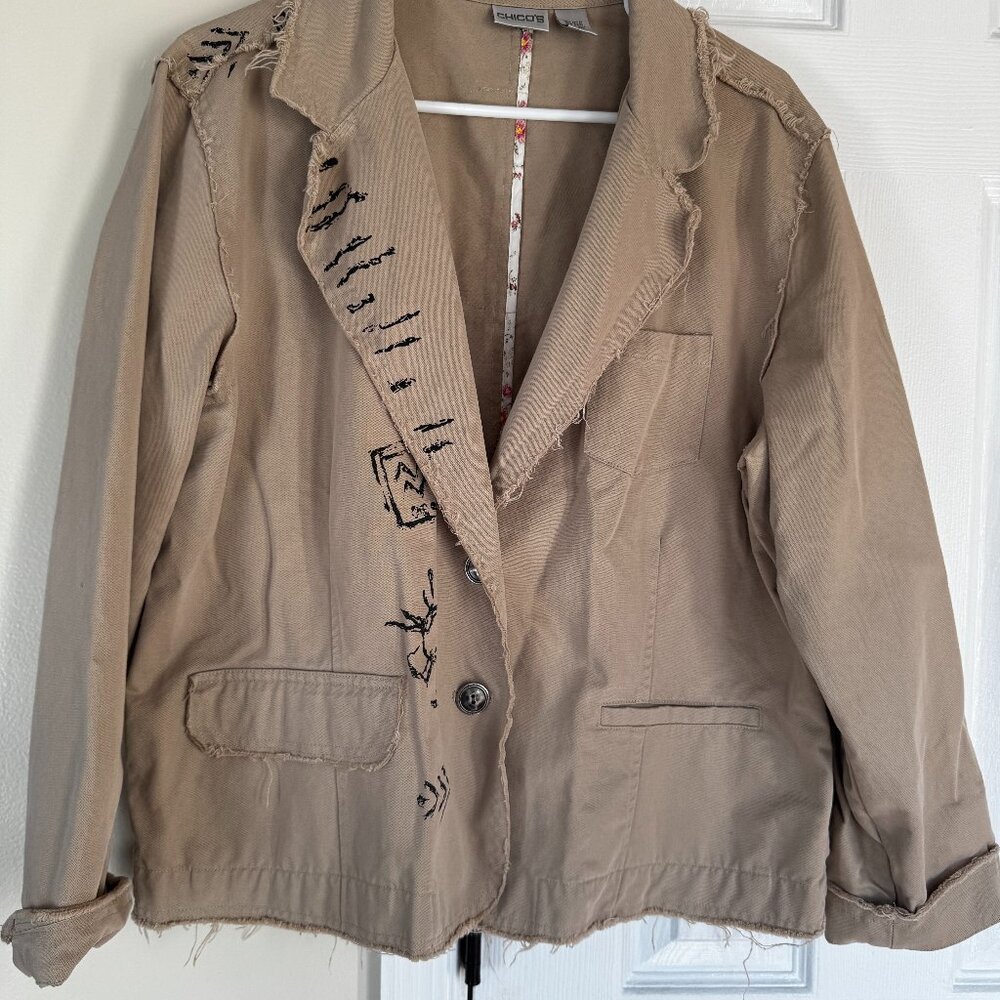 Chico's Women's Size 3/XL Khaki Jacket EUC Artistic Details, Buttons, Pockets